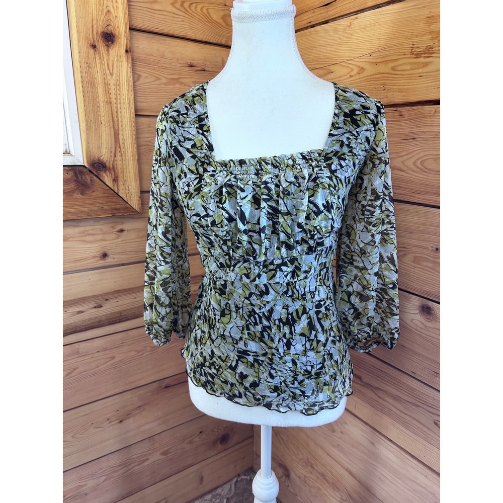 Green Abstract‎ Square Neck Smocked Blouse 3/4 Sleeve Ruffle Hem Top Y2K Vintage